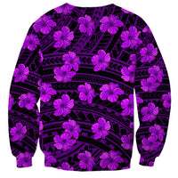 Unisex purple sweatshirt, full front view, black tribal lines with hibiscus print