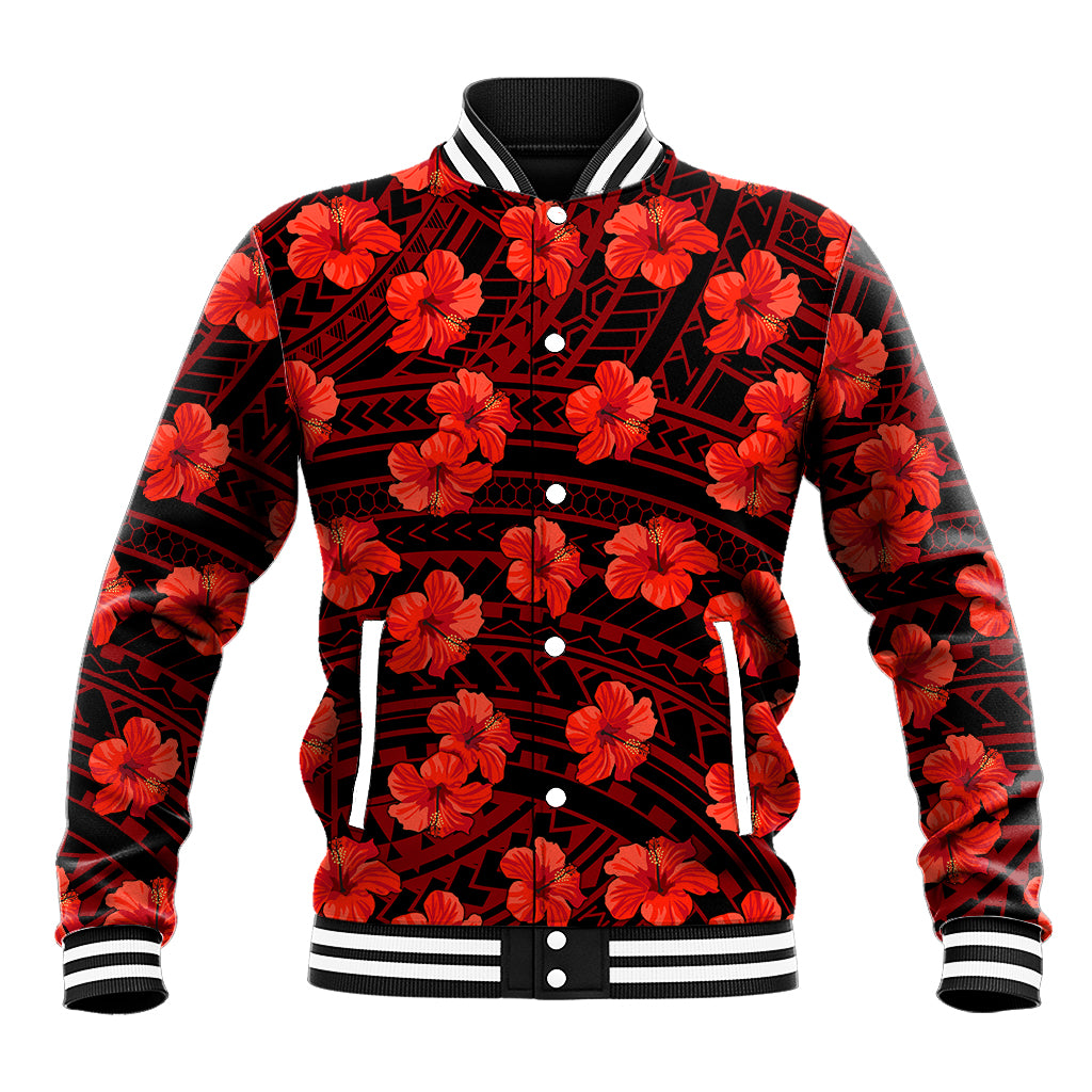 Red/black hibiscus baseball jacket with geometric pattern, snap buttons, striped rib hem