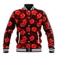 Red/black hibiscus baseball jacket with geometric pattern, snap buttons, striped rib hem