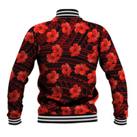 Red/black hibiscus baseball jacket back with geometric motif, striped rib cuffs and hem