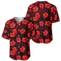 Red and black hibiscus baseball jersey with folded collar, button placket, bold floral print