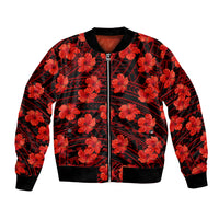 Red hibiscus bomber jacket with full-zip front and black geometric pattern