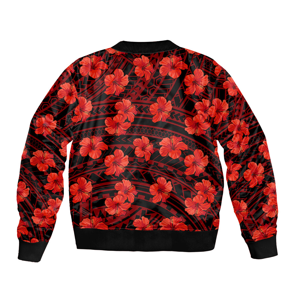 Hibiscus bomber jacket back with black geometric pattern, ribbed hem and cuffs
