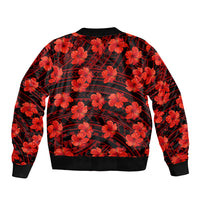 Hibiscus bomber jacket back with black geometric pattern, ribbed hem and cuffs