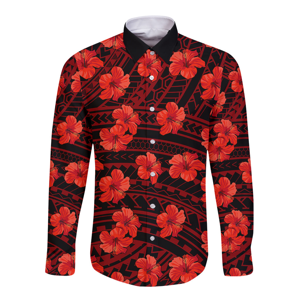 Red long-sleeve button shirt with black collar, hibiscus flowers and geometric pattern.