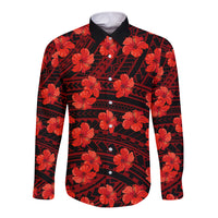 Red long-sleeve button shirt with black collar, hibiscus flowers and geometric pattern.