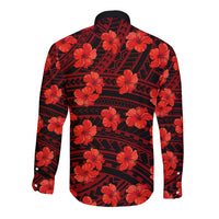 Red long-sleeve button shirt with black collar, hibiscus flowers and geometric pattern, back.