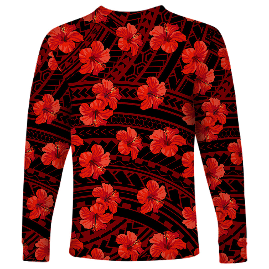 Unisex long-sleeve shirt with crew neck, red hibiscus on black geometric print