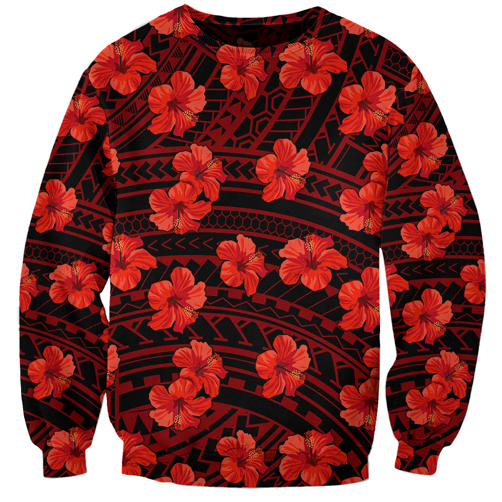 Unisex sweatshirt with red hibiscus flowers and tribal pattern all over
