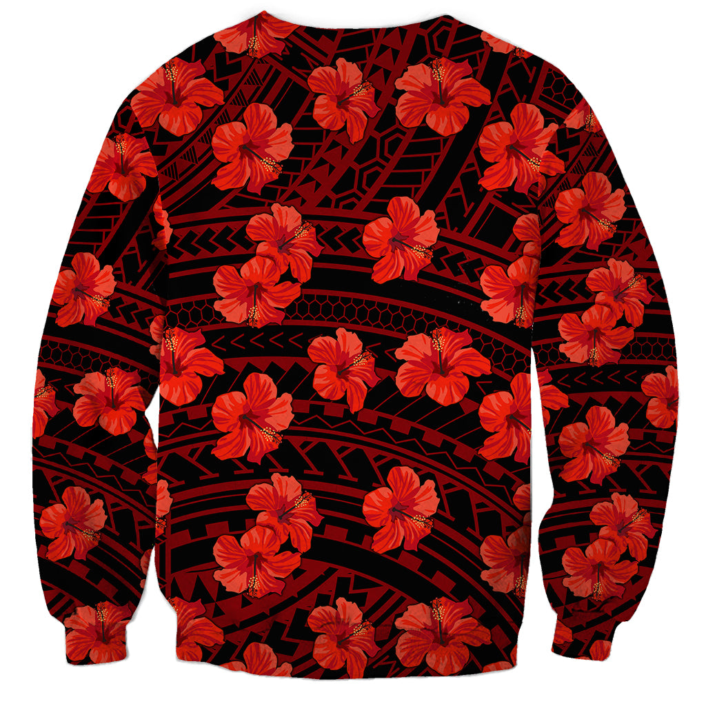 Unisex sweatshirt with red hibiscus blooms and dark tribal band pattern
