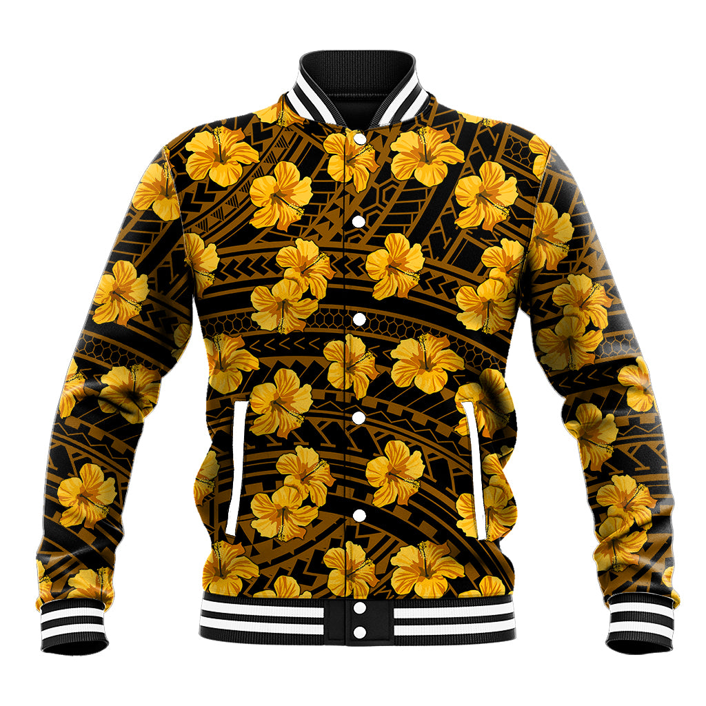 Yellow baseball jacket with black geometric pattern and hibiscus flowers, striped cuffs