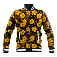 Yellow baseball jacket with black geometric pattern and hibiscus flowers, striped cuffs