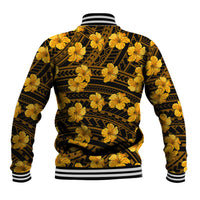 Yellow baseball jacket back with black geometric print and hibiscus flowers, striped hem