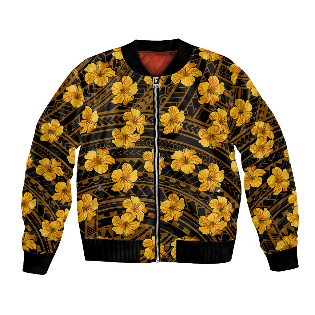 Unisex hibiscus bomber jacket with full-zip front, ribbed cuffs, yellow flower print.