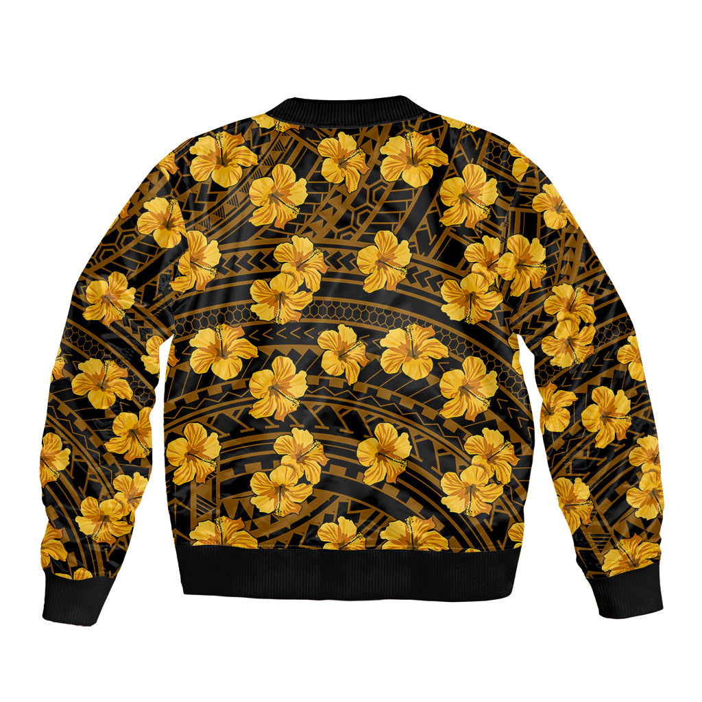 Unisex hibiscus bomber jacket, ribbed hem and cuffs, yellow floral pattern on back.