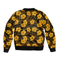 Unisex hibiscus bomber jacket, ribbed hem and cuffs, yellow floral pattern on back.