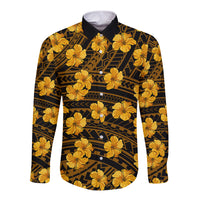 Long-sleeve button shirt, yellow hibiscus on dark geometric print