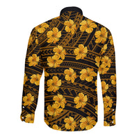 Long-sleeve button shirt back with yellow hibiscus on dark geometric print