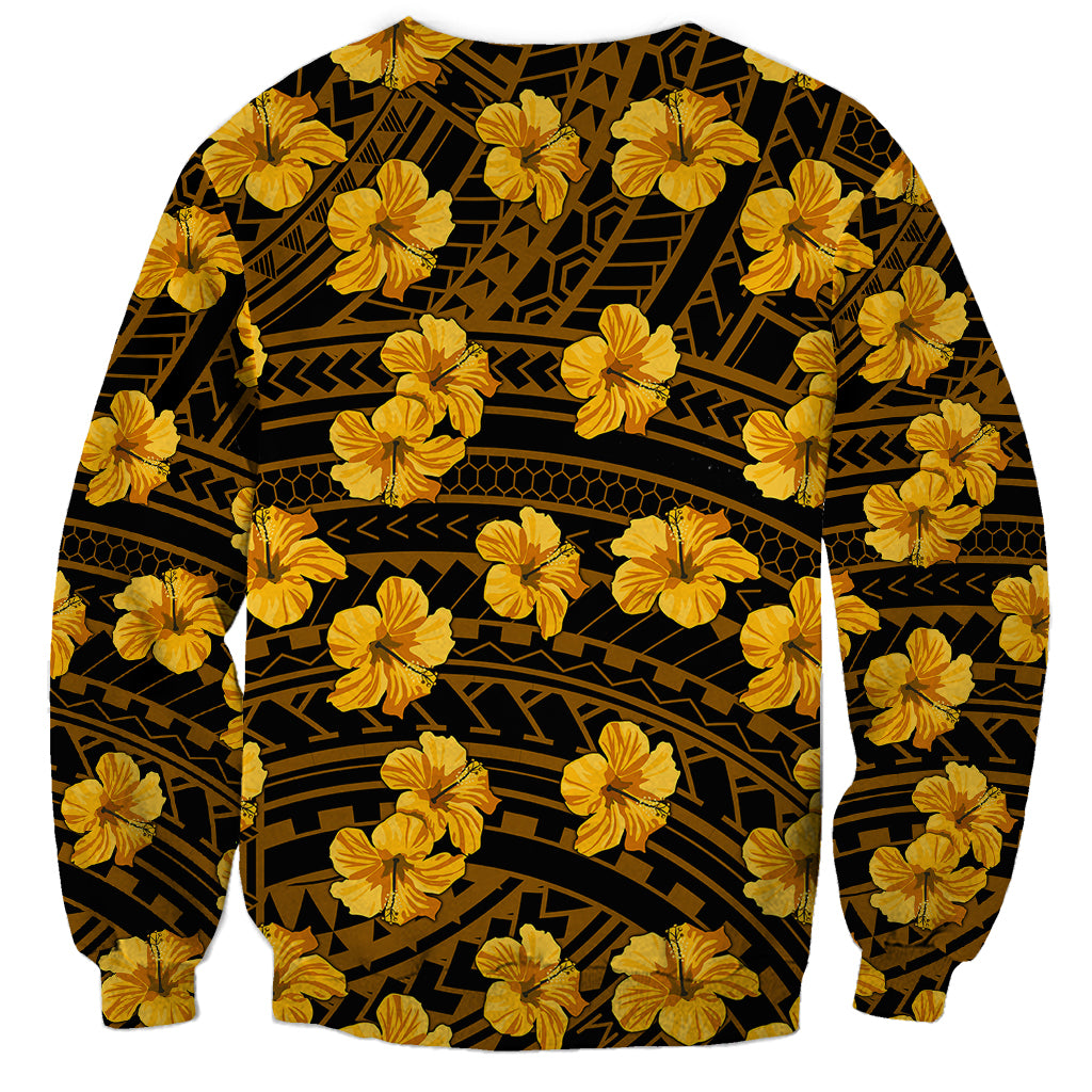 Unisex yellow sweatshirt with hibiscus floral print and black geometric bands