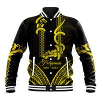Black unisex baseball jacket with gold barong-style pattern, ribbed collar and snap front