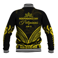 Black baseball jacket back with INDEPENDENCE DAY Pilipinas text, gold patterns, ribbed hem