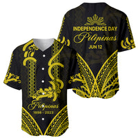 Black baseball jersey with yellow-gold barong patterns on front and back, short sleeves, button front.