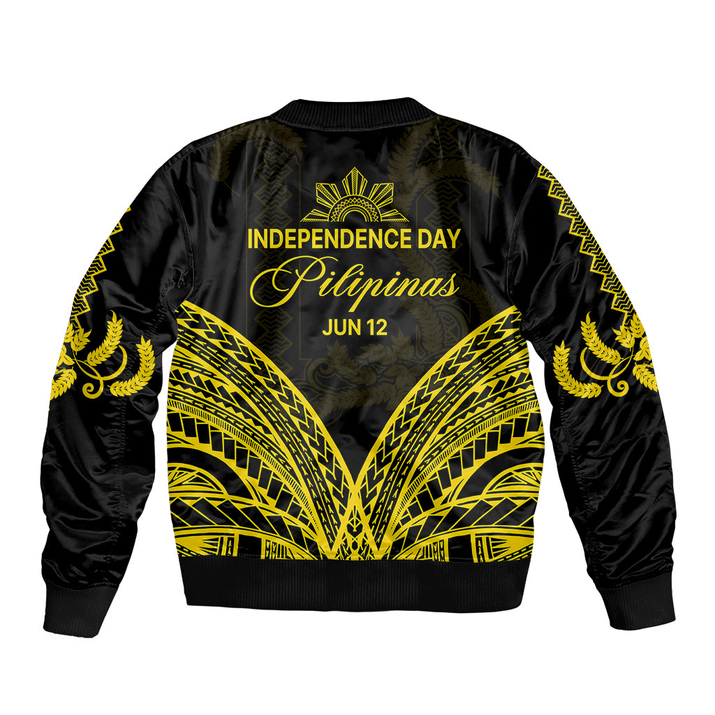 Black bomber jacket with gold Independence Day back graphic and ribbed waistband, cuffs.