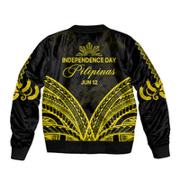 Black bomber jacket with gold Independence Day back graphic and ribbed waistband, cuffs.