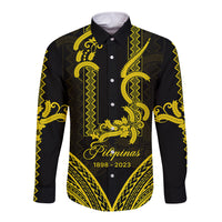 Black long-sleeve button shirt with gold barong-style patterns and Filipinas print