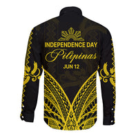 Black long-sleeve button shirt with gold independence text and back chevron patterns