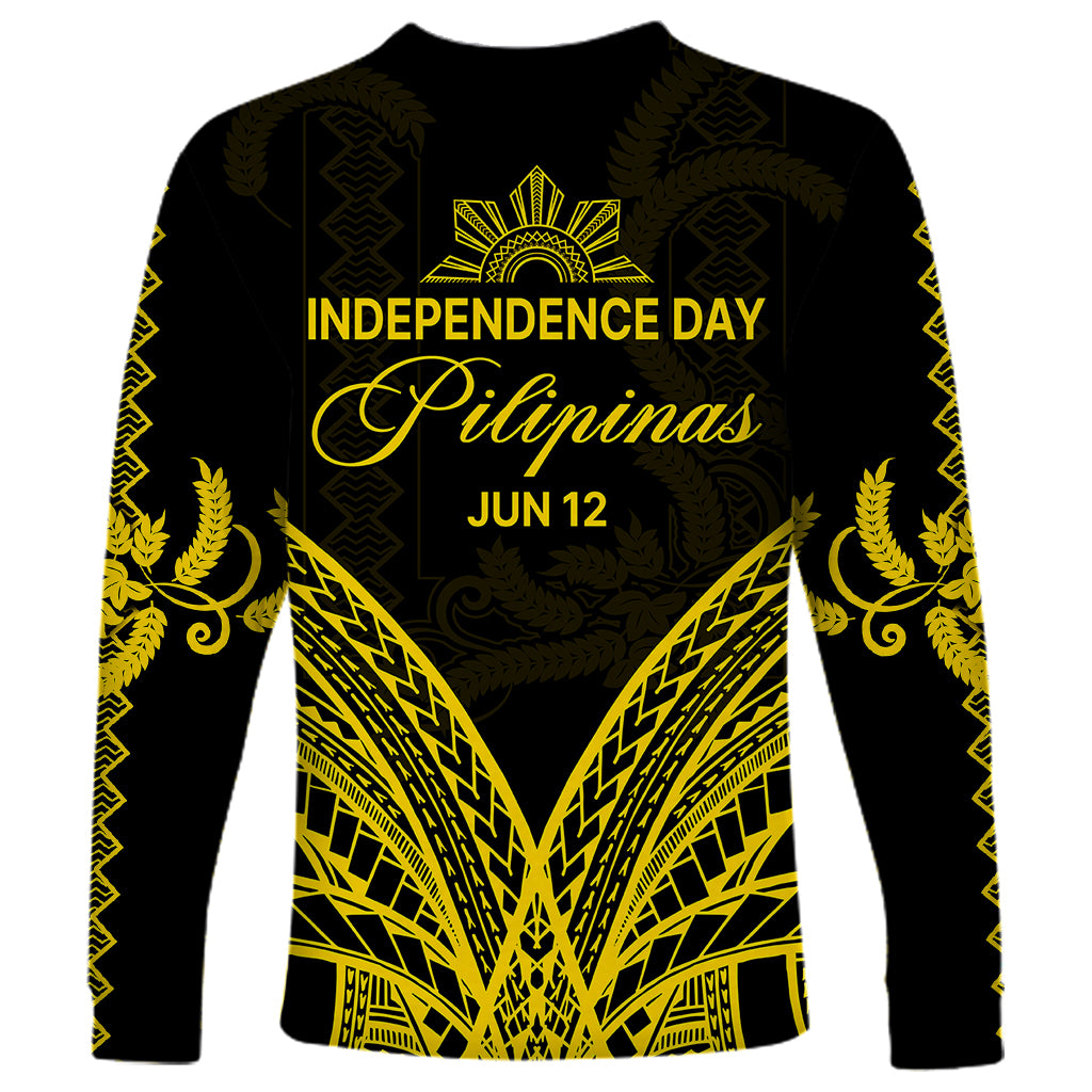 Black long-sleeve shirt with gold Independence Day text, sunburst, and 'Pilipinas JUN 12'