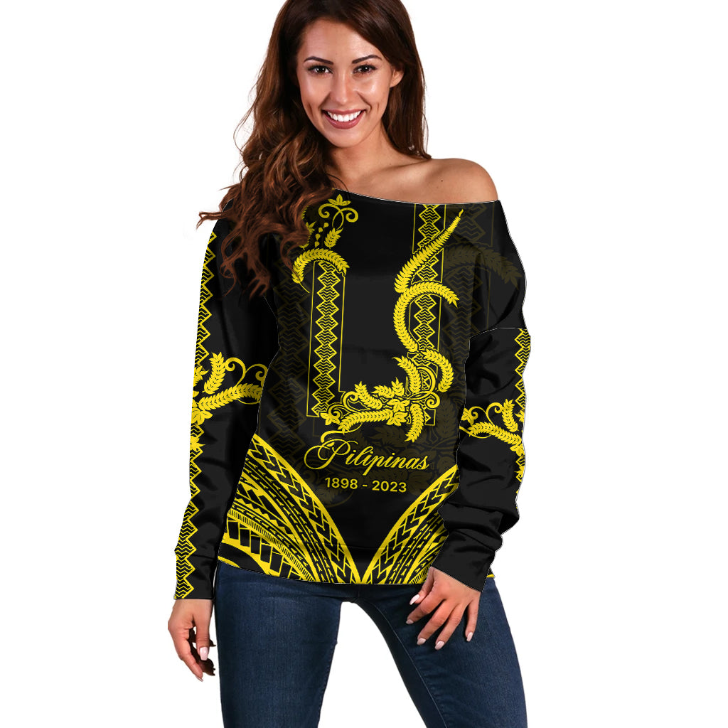 Philippines Independence Day Off Shoulder Sweater Pechera With Side Barong Patterns - Wonder Print Shop