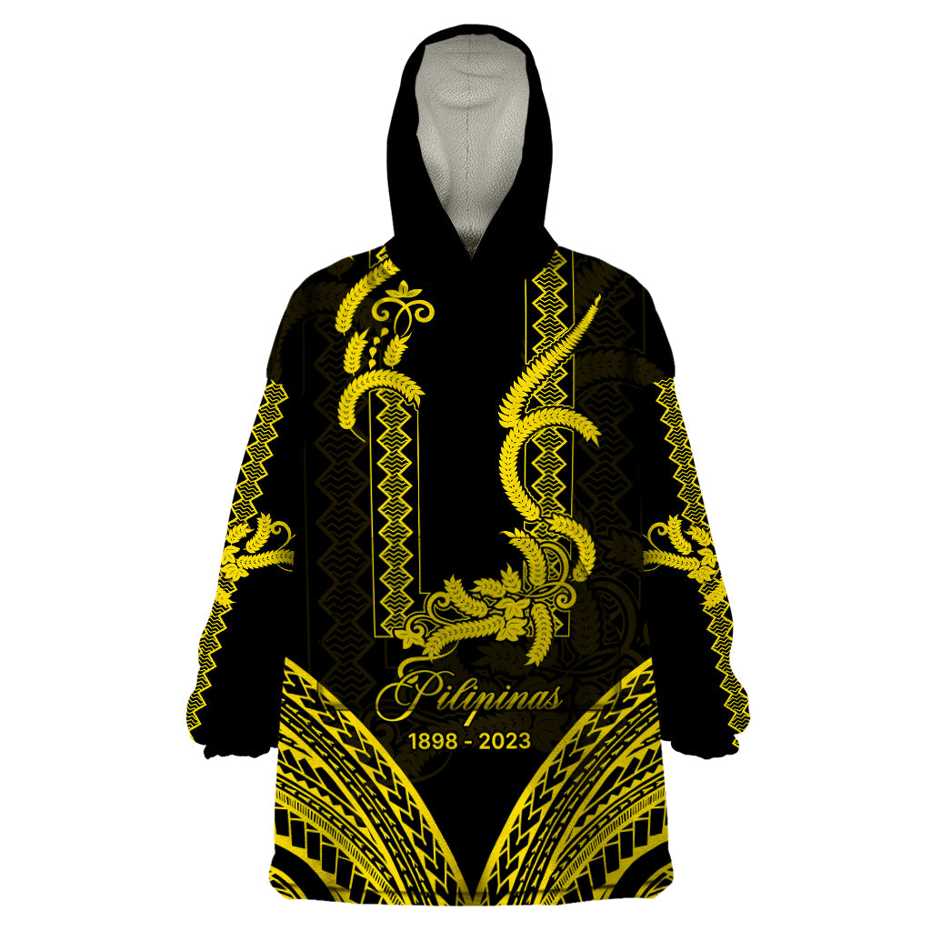 Philippines Independence Day Wearable Blanket Hoodie Pechera With Side Barong Patterns - Wonder Print Shop