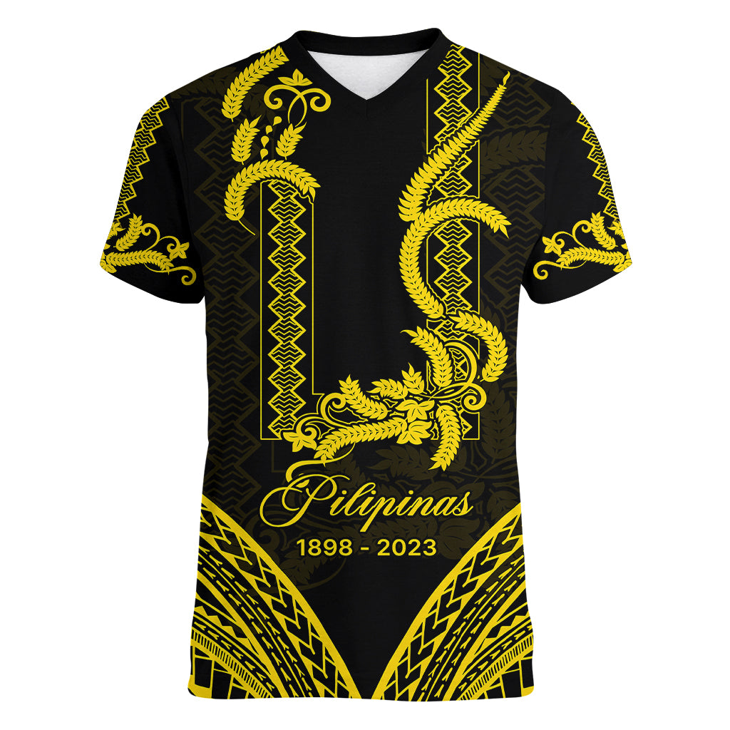 Philippines Independence Day Women V Neck T Shirt Pechera With Side Barong Patterns - Wonder Print Shop