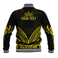 Unisex black baseball jacket with gold back graphic, 'YOUR TEXT' panel, striped ribbed cuffs