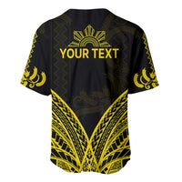 Black baseball jersey back with yellow sunburst and zigzag print, 'YOUR TEXT'.