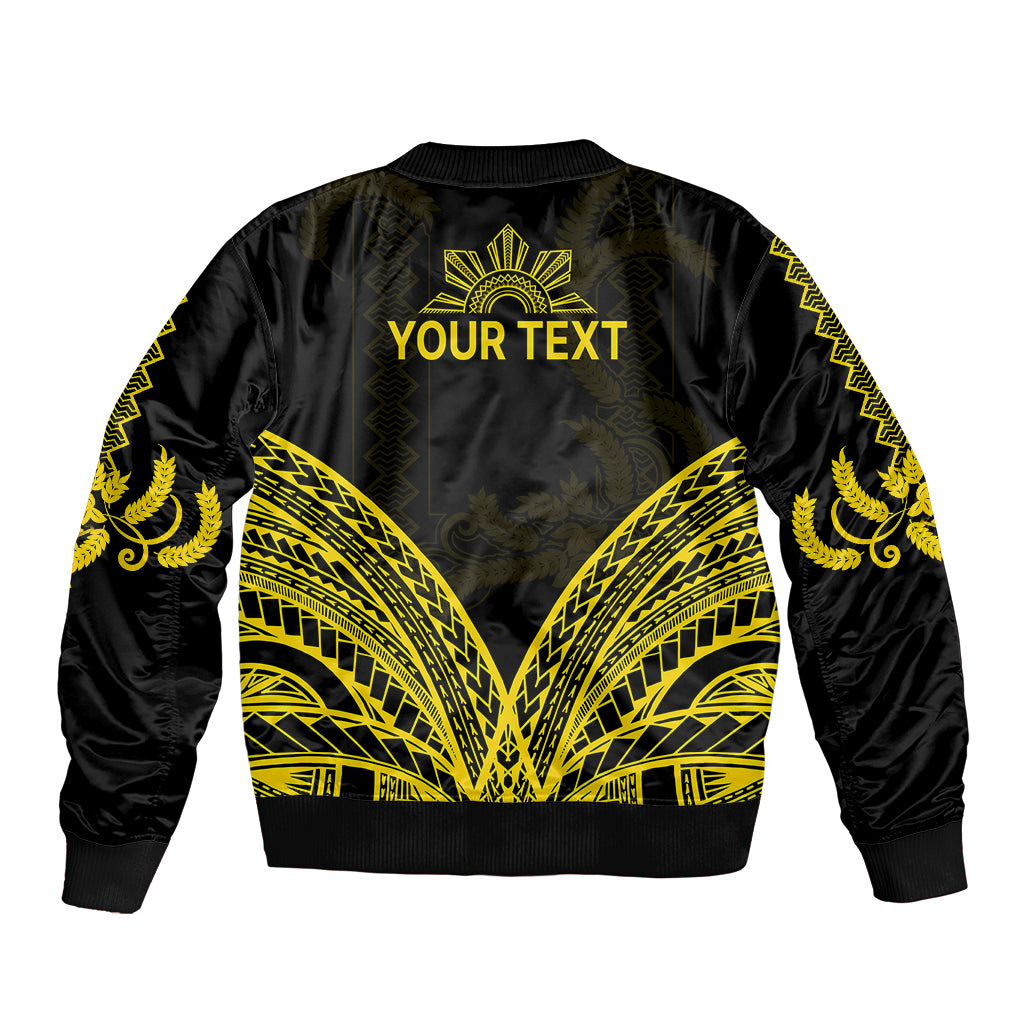 Black bomber jacket back with gold fan pattern and 'YOUR TEXT' graphic, ribbed cuffs