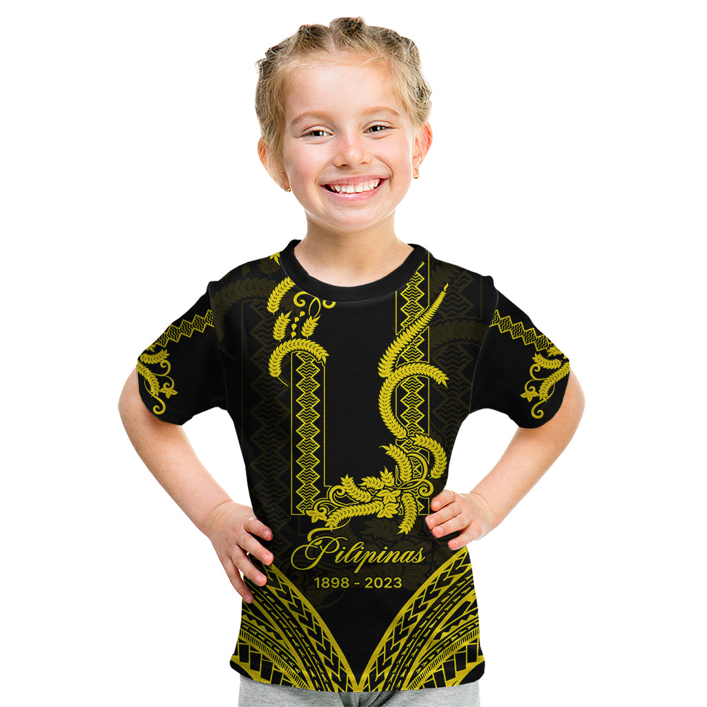 Personalised Philippines Independence Day Kid T Shirt Pechera With Side Barong Patterns - Wonder Print Shop