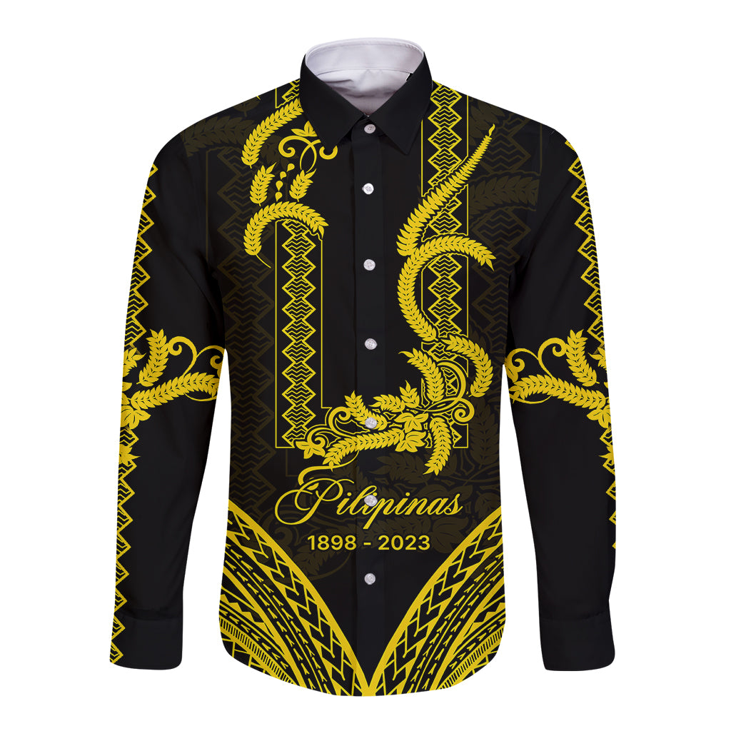 Personalised Philippines Independence Day Long Sleeve Button Shirt Pechera With Side Barong Patterns - Wonder Print Shop