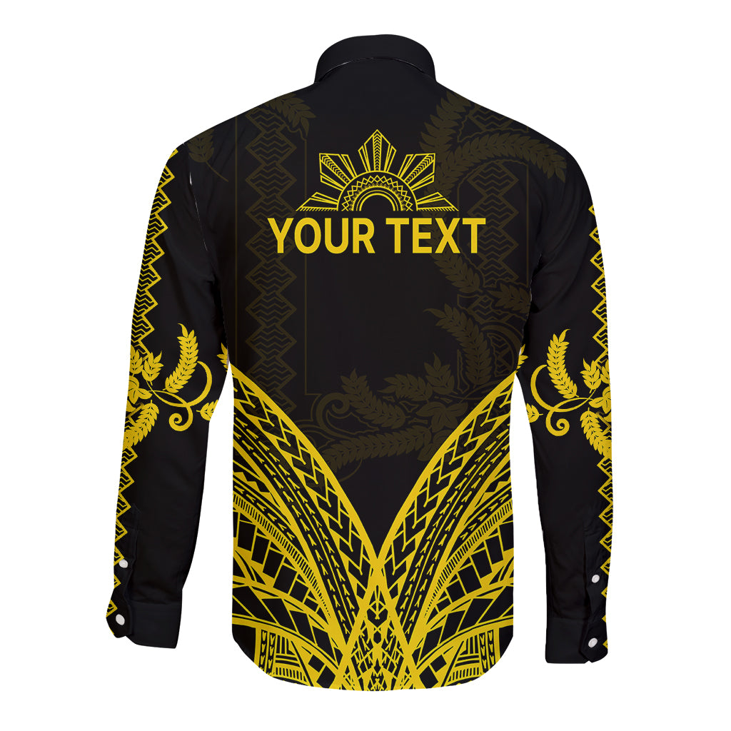 Black long-sleeve button shirt with yellow back graphic and 'YOUR TEXT' panel
