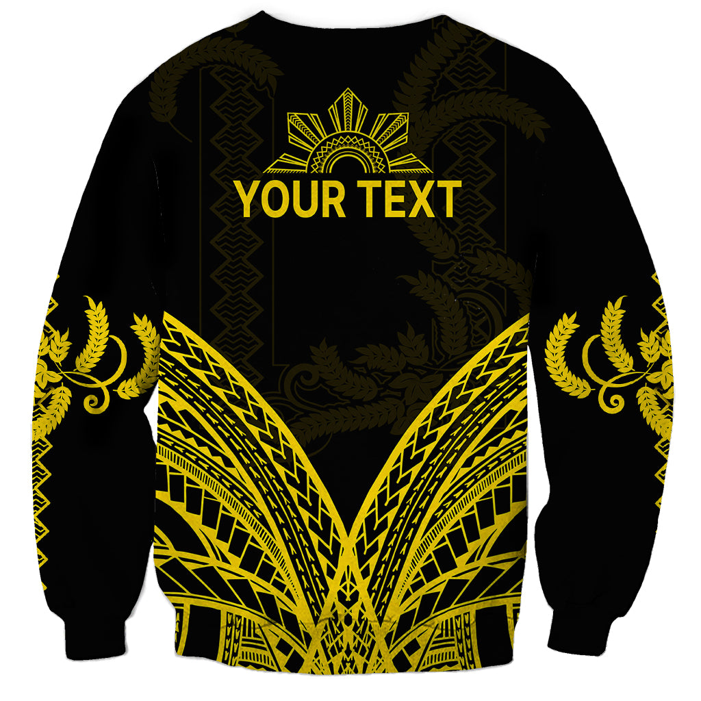 Black sweatshirt with gold barong patterns and 'YOUR TEXT' on back