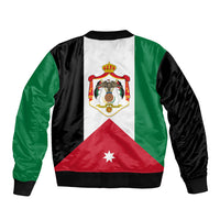 Unisex bomber jacket with Jordan flag print, back view, ribbed hem and cuffs