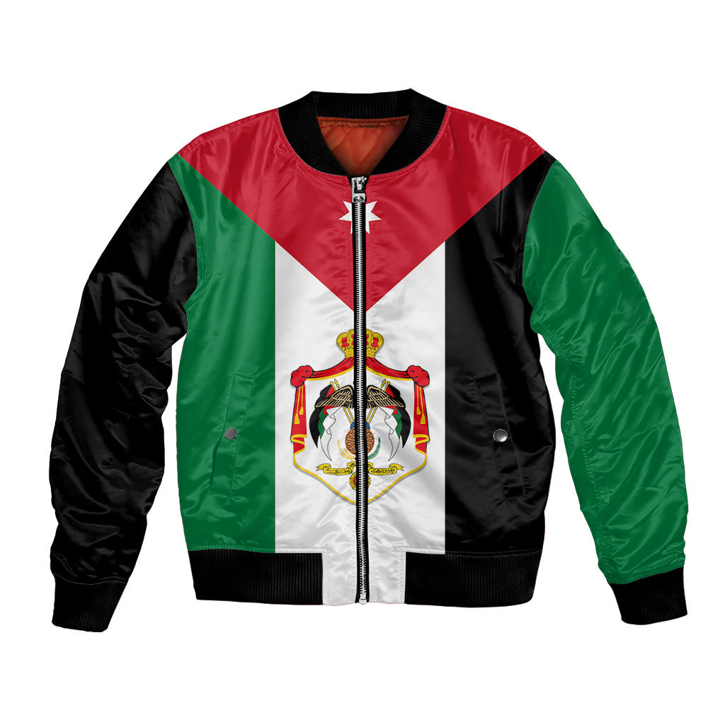 Unisex bomber jacket with Jordan flag print, zip front and ribbed cuffs