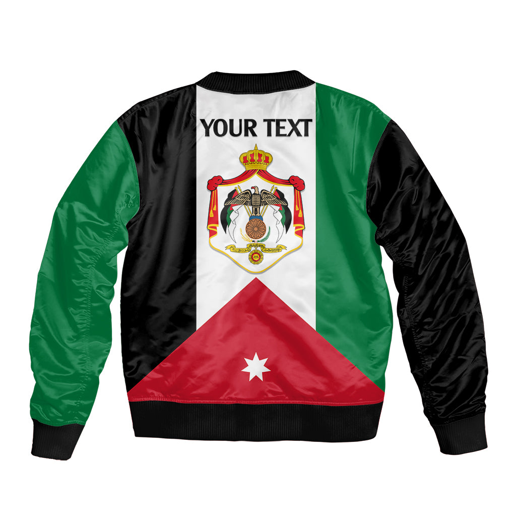 Unisex bomber jacket with Jordan flag print and 'YOUR TEXT' on front, zip front