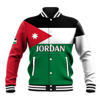 Color-block baseball jacket with black collar, red/green/white front panel graphic