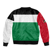 Color-block bomber jacket with black, white, green, and red panels; ribbed hem and cuffs