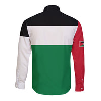 Button-front long sleeve shirt back with green center panel and red right sleeve accent