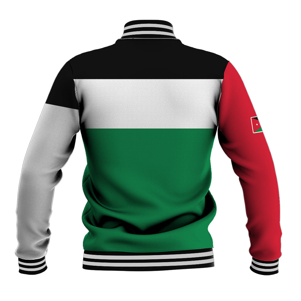 Jordan baseball jacket back with red side panel and red-white-green flag graphic