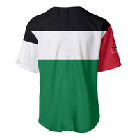 Baseball jersey back with black-and-white upper panel and green lower panel, short sleeves