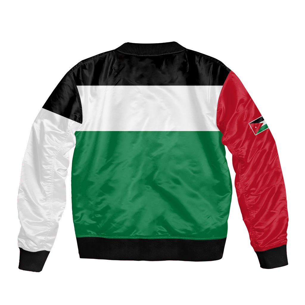Back of color-block bomber jacket in black, red, and green with flag patch on sleeve